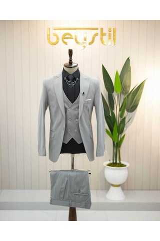 Bys Beystil Sivri Yaka Gri Yelekli Takım Elbise Nikol - Slim Fit