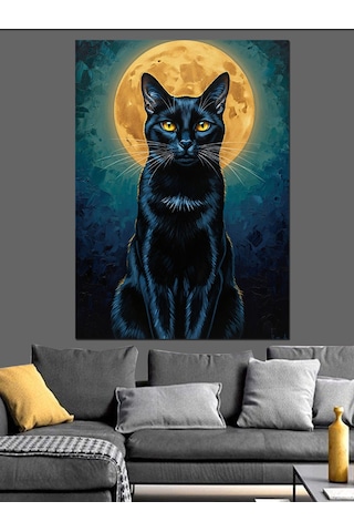 Kara Kedi Silüeti Gece Dekoratif Kanvas - Mdf Ahşap Tablo