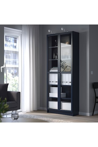 Cam Kapaklı Kitaplık, Koyu Mavi, 80x30x202 Cm Abanoz