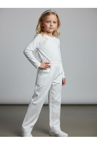 Zekids Kız Çocuk Yumuşak Dokulu Yüksek Bel Pantolon-17008 Beyaz