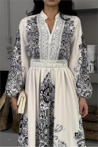 Neşeli Butik Kadın Siyah Güpür Detaylı Atlas Kumaş Desenli İthal Elbise Nbms25109 Siyah