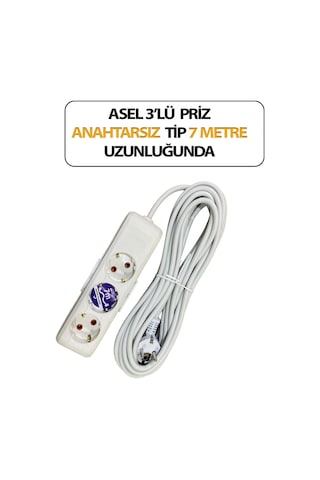 Üçlü, Topraklı, Klemensli, Kablo 7 Metre Uzunluğunda, Askı Aparatlı Grup Priz Anahtarsız Model 3