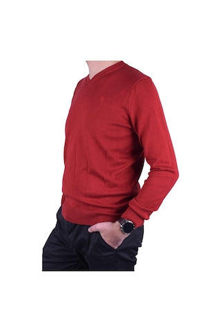 Regular Fit Kırmızı Erkek Pamuklu Düz Triko Kazak, Ot-Kzk-20009