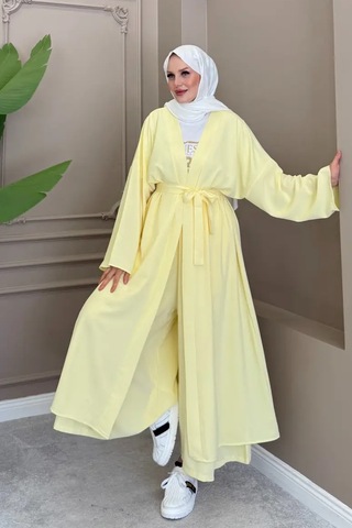 Balenbi Kadın Kuşaklı Kimono Hırka Bol Paça Pantolon Takım Tesettür 2'li Kombin 1230 Sarı