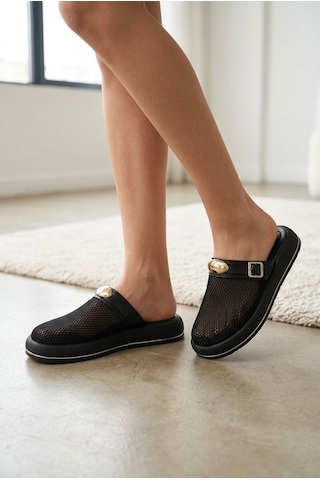 Shoetek Ovrasa Kadın Terlik Önden Tokalı Fileli Siyah