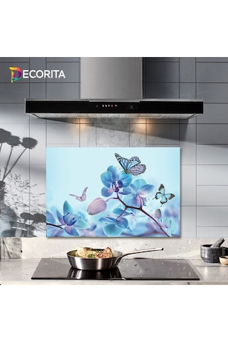 Decorıta Cam Ocak Arkası Koruyucu | Mavi Çiçek Ve Kelebek