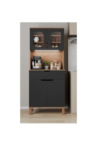 Ae-9001 Barista Atlantik Çam/antrasit Çok Amaçlı Kahve Köşesi Mutfak Kiler Dolabı Cam Kapaklı Ledli Çekmeceli 79,6 X 40 X 195,8 Cm Atlantik Çam - Antrasit