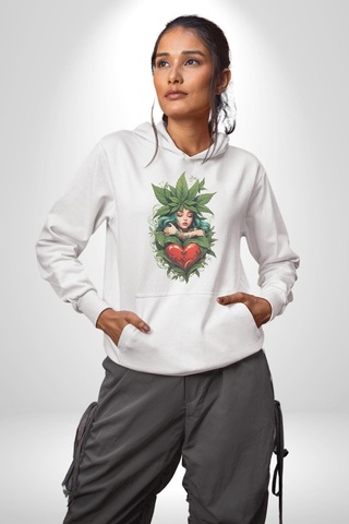 Kalp Parmak Kız Yeşillik Mutluluk Kadın Erkek Beyaz Kapüşonlu Sweatshirt Hoodie Beyaz