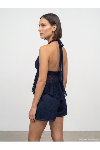 Dilvin 21228 Dantel Halter Yaka Top-indigo İndigo