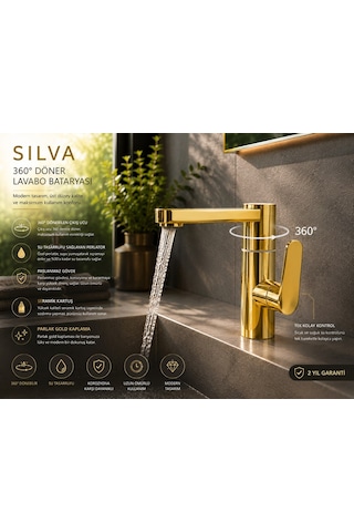 Viosa Silva 360 Döner Parlak Gold Lavabo Bataryası Lüks Modern Banyo Musluğu Banyo Lavabo Bataryası Siyah