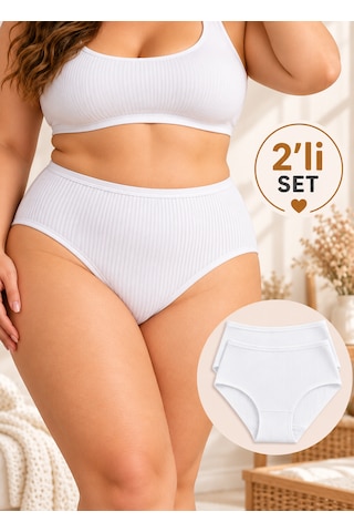 İpeksi Collection %100 Pamuklu Yüksek Bel Fitilli Günlük Külot 2'li Paket Beyaz