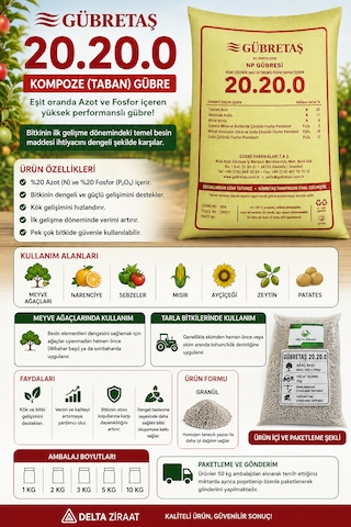 Gübretaş 20.20.0 Kompoze Taban Gübresi %20 Azot %20 Fosfor Meyve Ağaçları, Zeytin, Sebze Ve Tarla Bitkileri Için 2 KG