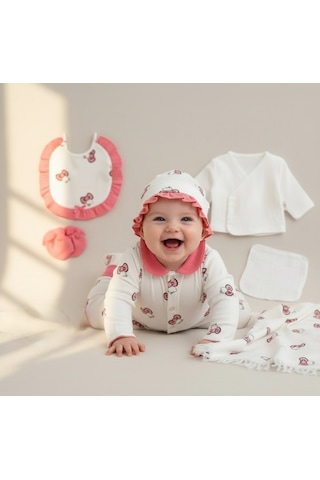 Milays Kız Bebek Hello Kitty Figürlü Müslin Kumaş Yenidoğan 10 Parça Hastane Çıkışı Zıbın Seti Kırmızı