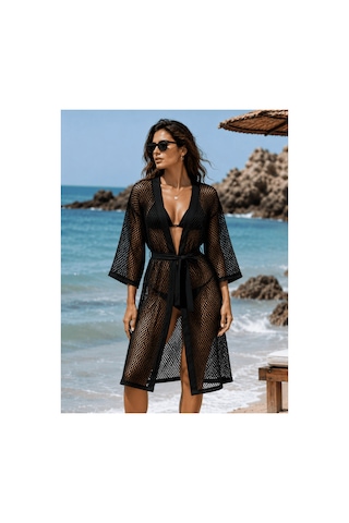 Qmen Style Kadın Plaj Bornozu Siyah File Kumaş. Siyah