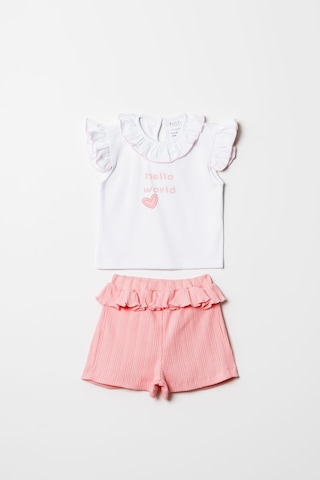 Hafy Baby Hello World Nakışlı, Fırfır Yakalı, Kız Bebek Şortlu Takım Beyaz - Pembe