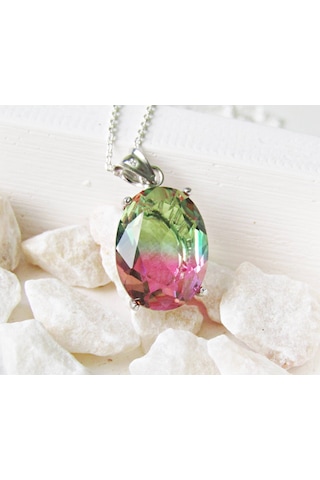 Lilahgümüştr Gümüş Turmalin Oval Taşlı Kadın Kolye