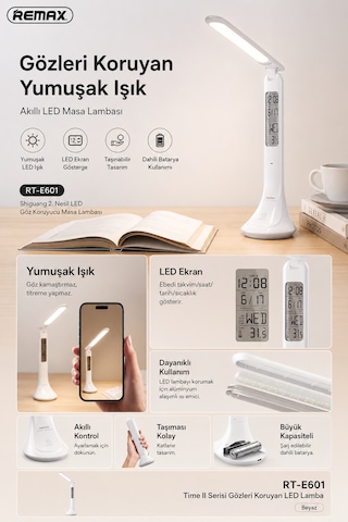 Remax Time Iı Dijital Takvimli Göz Koruyucu Dokunmatik Led Masa Lambası Rt-e601 Beyaz