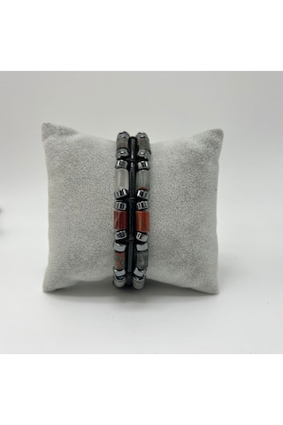 Yıldız Doğal Taş Kan Taşı Ve Hematit Makrome Doğal Taş Deri Erkek Bileklik Çok Renkli