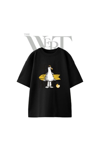 Thewert Seagull Surf Pirate Tasarım Baskılı Ünisex Siyah Oversize T-shirt