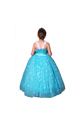 Elsa Kostümü Askılı Kabarık Tarlatanlı Kostüm Kız Çocuk Abiye Mavi