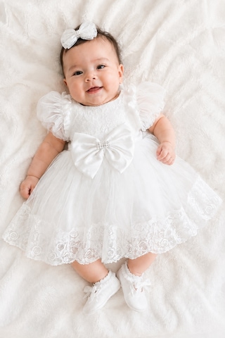 Babyhola Kız Bebek Dantelli Tüllü Balon Kol Ve Fiyonk Detaylı Elbise 9998 Beyaz