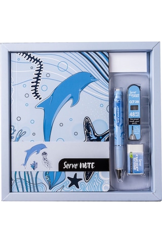 Serve Deep Hediye Seti - Defter, Serve Deep Uclu Kalem, Silgi, Min Gök Mavi