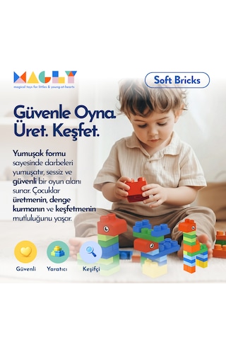 Magly Soft Bricks Yumuşak Yapı Blokları - Çocuklar İçin Renkli Esnek 42 Parça Yapı Blok Seti