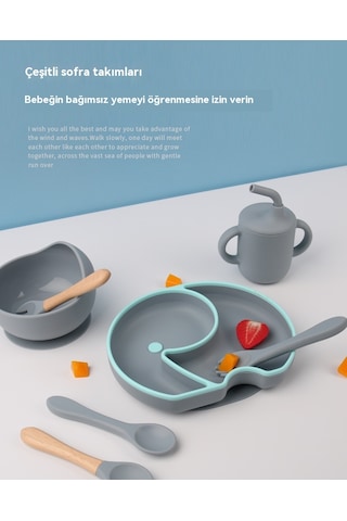 Jianfan Kapaklı Renkli Silikon Bebek Mama Tabağı Seti Bölmeli Koyu Mavi Koyu Mavi