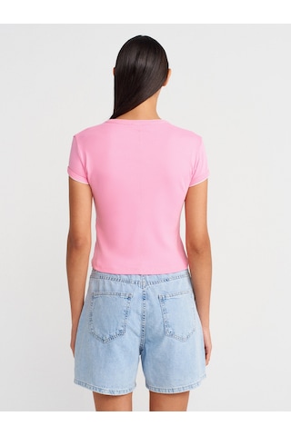 Dilvin 31750 Kontrast Kısa Kollu Tshirt-pembe Pembe