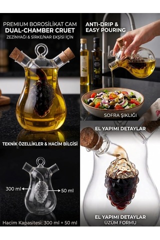 Çift Hazneli Borosilikat Cam Yağdanlık Ve Sirkelik, Üzüm Figürlü, Damlatmaz, Mantar Tıpalı, 300 Ml + 50 Ml Çok Renkli