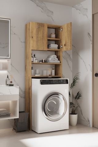 Plato Çamaşır Makinesi Dolabı 4 Raflı 2 Kapaklı Çamaşır Makinesi Dolabı Banyo Dolabı Atlantik Çam
