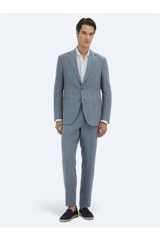 Kip Koyu Mavi Çizgili Modern Fit %100 Keten Takım Elbise Koyu Mavi