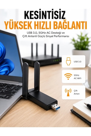 Mey İthalat Mbps Wifi Alıcı Kablosuz Wifi Adaptörü Çift Band Çift Antenli Yeni Nesil
