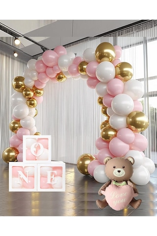 Krom Gold, Makaron Pembe Ve Beyaz Balon Temalı 1 Yaş Set One Kutu Pembe Kalpli Ayıcık Folyo Ve Balon Zincir Set Pembe