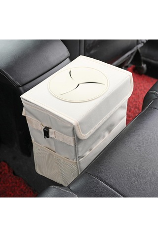Bej Araba Çöp Kutusu 20x15x25 Cm Kapaklı Sızdırmaz Araba Çöp Kutusu 3 Saklama Cebi Askılı Su Geçirmez Araba Çöp Torbası Suv İçin