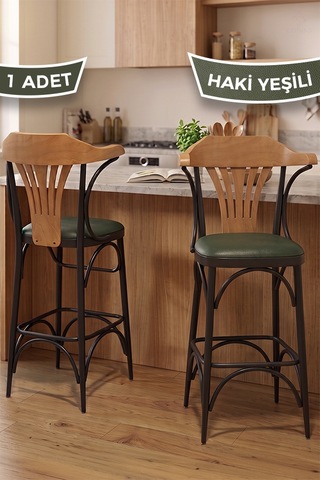 Wabex Serisi 1 Adet 66 Cm Suni Deri Kumaş Siyah Metal İskeletli Mutfak Bar Sandalyesi Haki Sandalye Siyah Ayak