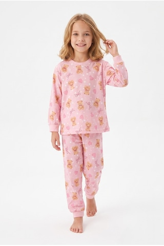 Bunny Hopp Kız Çocuk Uzun Kollu Pijama Takımı %100 Pamuk Ayıcıklı Ve Kalp Desenli Penye Pembe