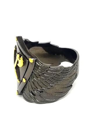 Balta Figürlü Tasarım Siyah Rodajlı Gümüş Erkek Yüzük 25