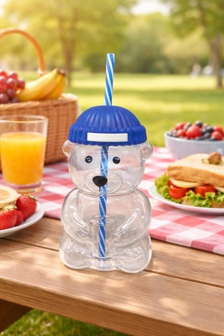 Bearista Ayıcık Pipetli Borosilikat Bardak 580 Ml Lacivert Buzlu Kahve Modeli Lacivert