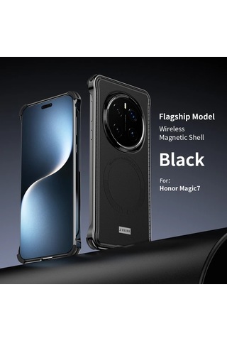 Turcoshop11 Honor Magic 7 Siyah Şık Korumalı Manyetik Kenarsız Metal Kılıf