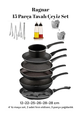 15 Parça Tavalı Çeyiz Seti Pankek Wok Grill Krep Yumurta Tavası V