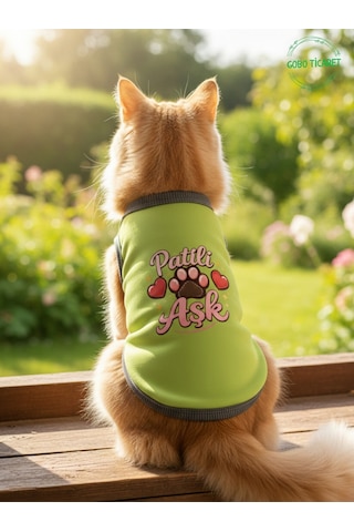 Yeşil Renkli Patili Aşk Baskılı Kedi Ve Köpek Kıyafeti Tişörtü Elbisesi Small/s/beden 1