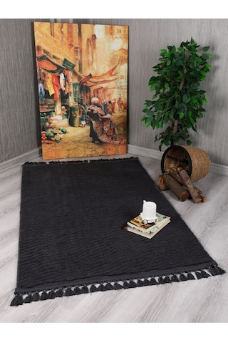 My Evilla Modern Dekoratif Örgü Saçaklı Simirna Peluş Halı Yolluk Antrasit