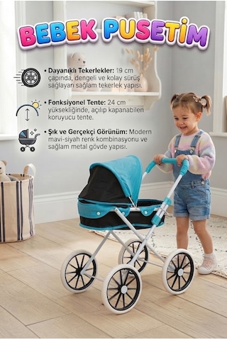 Havalı Pusetim Katlanabilir Büyük Tekerlekli Metal 64cm Ayarlanabilir Tenteli Oyuncak Puset