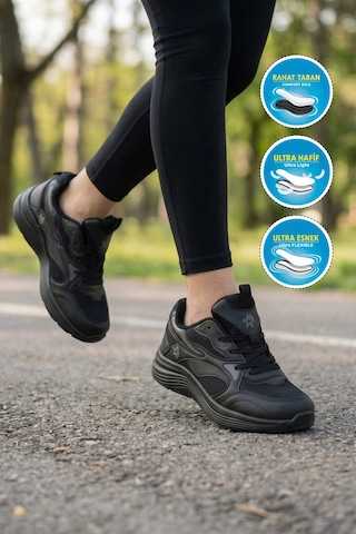Walkway Siyah Fileli Bağcıklı Nefes Alan Rahat Tabanlı Unisex Yürüyüş Ve Spor Ayakkabı 26106 G