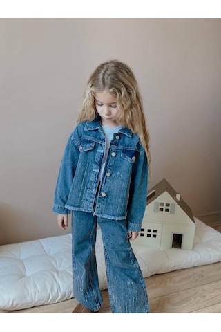 Miniko Kids Kız Çocuk Kot Ceketli Kot Pantolonlu Taşlı Takım Mavi