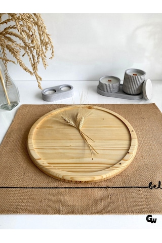 Yuvarlak Doğal Ahşap Sunum Tabağı Çukur Ahşap Sunumluk Beyaz Çam Çap:28cm
