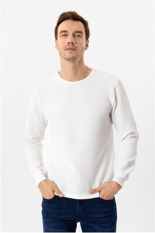 Süvari Beyaz Slim Armürlü Bisiklet Yaka Sweatshirt Beyaz