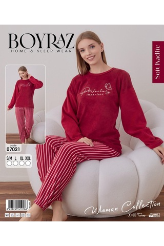Boyraz Kadın Kışlık Bisiklet Yaka Soft Kadife Pijama Takımı 07021 - 1 Adet Kırmızı