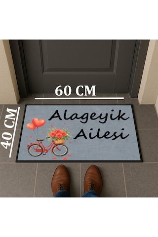 Soyisim Ve Çiçekli Bisiklet Kişiye Özel Tasarım Kapi Paspas 60x40cm Kapi Onu Paspasi Çok Renkli